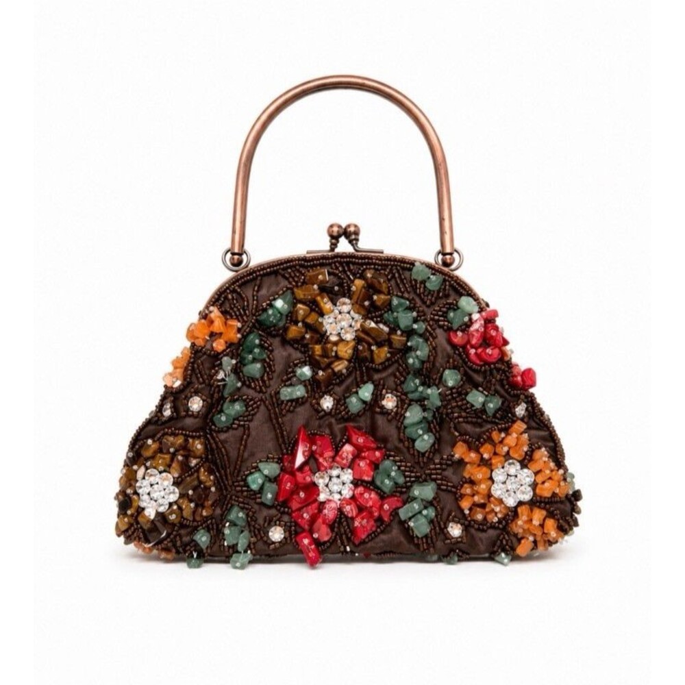 Vintage Carlo Fellini Multi Stone & Beaded Kiss Lock Evening Purse